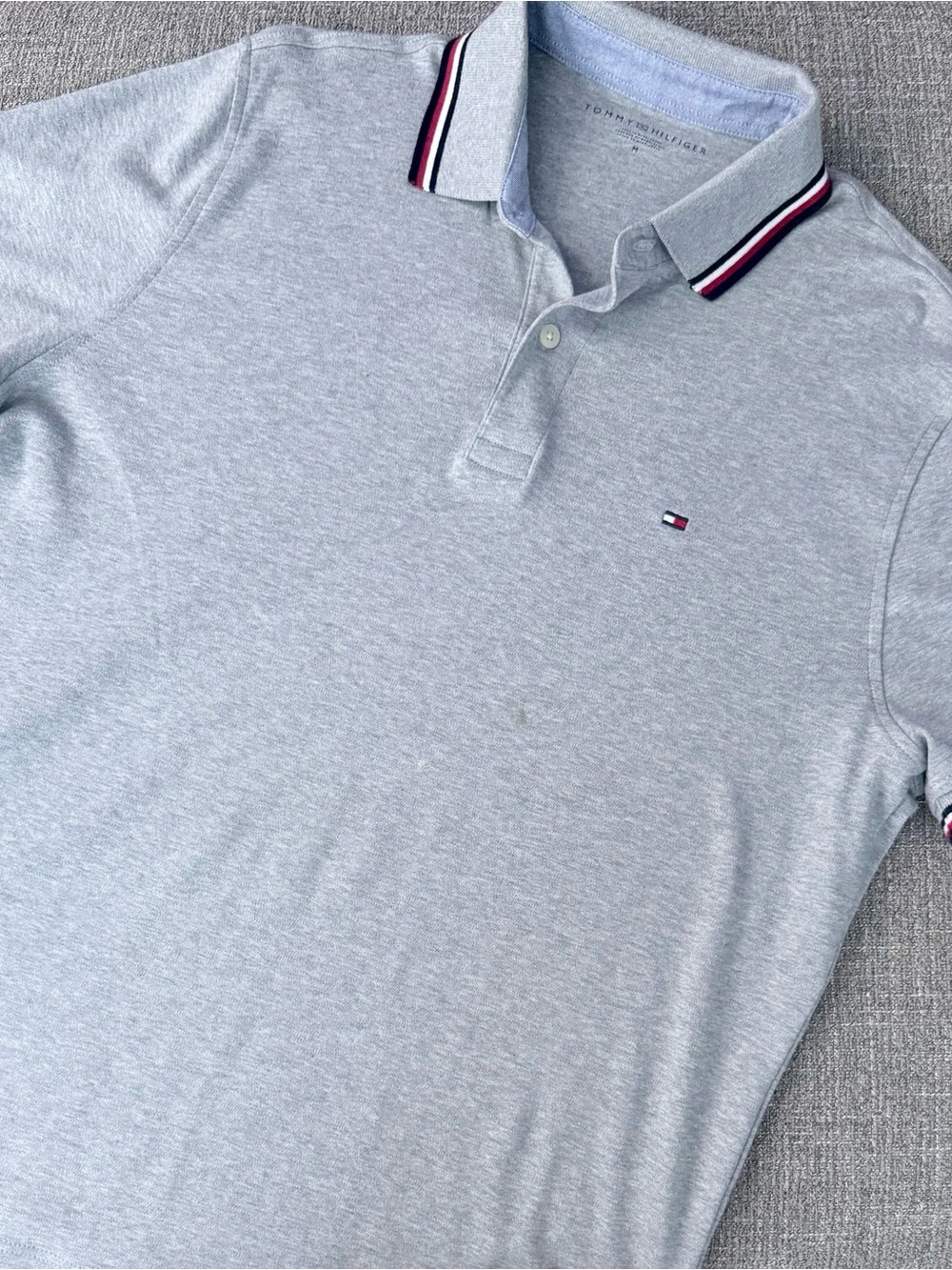 Tommy Hilfiger Light Gray Polo with Navy & Red Trim Collar